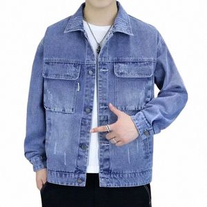 Giacca di jeans da uomo Autunno Blu Estetica Maschio Jean Cappotti Butt Outwear Y2k Indossato Trendy Alta qualità Elastico Casual di tessuto G H0he #