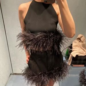 Mingyuan Style Mini Skirt 2024 Autumn/Winter New Product Women's Full Package Feather Decoration Fashion Low Waist Short Skirt