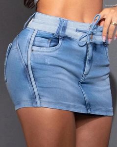 Jeans femininos 2024 verão moda casual bolso contraste ligação rasgado lavado botão cordão acima do joelho magro denim skorts