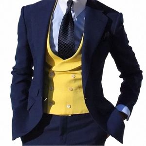 Gelbe zweireihige Hochzeitsweste Herrenweste Slim Fit Neuestes Design Fi Beste Männer Britischer Stil Herrenanzüge 3 Stück M59y #