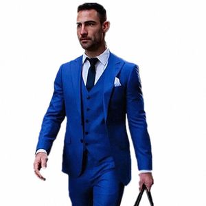 Alta Qualidade Royal Blue Homens Terno Noivo Smoking Pico Lapela Groomsmen Mens Casamento / Baile / Jantar Melhor Homem Blazer Jaqueta + Calça + Colete P8dF #