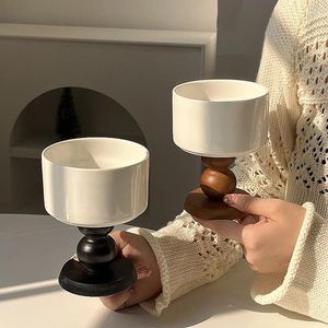 Mugs 220ml Vintage Ceramic Goblet Unique Black Blown Wooden Stem White Cup Coffee Water Juice Red Wine Cocktail Pudding 1 Piece