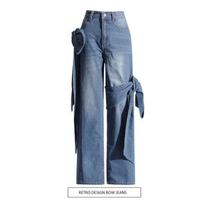 Street Washed Casual Pants 2024 Spring New Design Sense Splicing Strap High Waist Straight Leg Jeans for Women