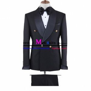 Klassiska svarta män passar Slim Casual Busin Suits For Men 2023 Double Breasted Groom's Wedding Party Dr 2 Piece Blazers Pants Q28N#