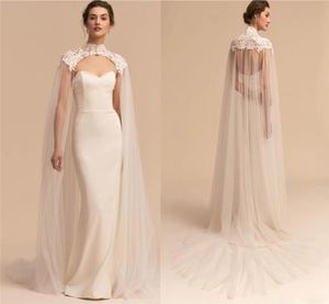 Panie Weselne oparcie Tiul Long High Neck Wedding Cape Koronkowa kurtka Bolero Wrap Biała kości słoniowej Kobiet Akcesoria ślubne 2162391