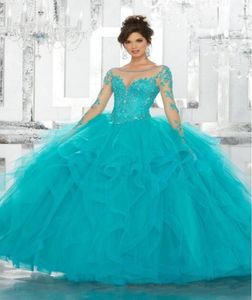 Abiti Quinceanera vintage in pizzo con paillettes applique a maniche lunghe abito da ballo blu in tulle taglie forti abiti da 15 dolci4675689