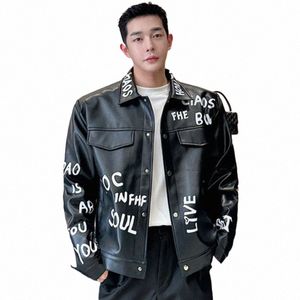 iefb Carta Graffiti Masculino PU Jaquetas De Couro Coreano Elegante Turn-down Collar Casaco Curto dos homens High Street Primavera New Chic 9C4428 B9pL #