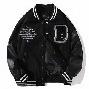 Spring Fall Stitching läderhylsa Bomber Jacket Letter broderad svart baseball uniform män kvinnor par casual streetwear c1ud#