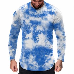 Mens LG Manga Crewneck T-Shirts Elegante Tie-Dye Print Skinny Bodybuilding Tees Primavera Casual Retro Conforto Túnica Sportswear m96G #