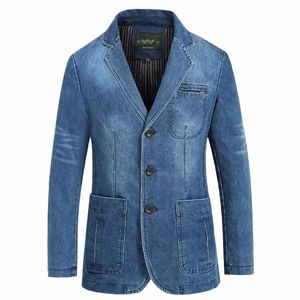 spring Mens Denim Jacket Lapel Multi Pocket Solid Color Single Breasted Jacket High-quality Mens Denim Slim Fitting Blazer Coats H4ax#