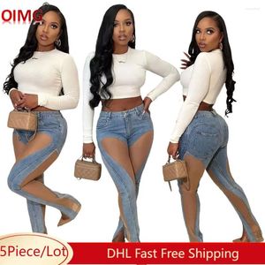 Damenjeans 5 Großhandel für Frauen Mode Stretchy Mesh Patchwork Denim Hosen Hohe Taille Split Hosen Streetwear Bulk Kleidung 10004