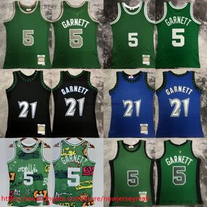 مطبوعة الكلاسيكية الرجعية 1997-98 كرة السلة 21 Jersey Vintage Blue Black 2007-08 Green 5 Kevingarnett Jerseys Treptable Sports Dorts