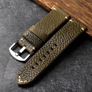 Litchi Grain Cowhide Leather Watchband 20 22 24 26mm Green Vintage Men Watch Armband Soft Armband 240313