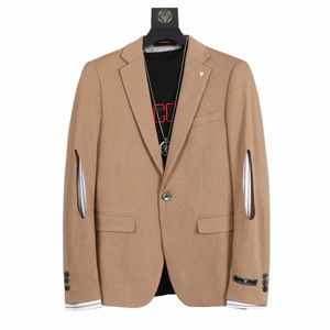 autumn Men Blazer Stitching Stripe Fake Two One-butt Suit Jacket Lg-sleeved Casual Costume Homme Fi Apricot Coat H8lW#