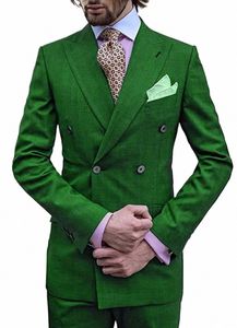 green Men's 2 Pieces Formal Busin Suit Notch Lapel Gentle Double Breasted Tuxedo Groomsmen For Wedding/PartyBlazer+Pants g8TC#