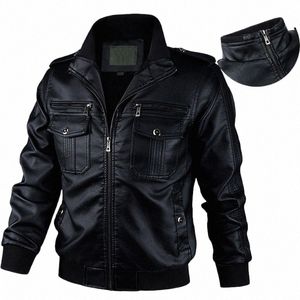 Casual Vintage Faux Leather Jacket Men Zip Up Stand Collar Leahter Coat Men Autumn Winter Motorcykel Mänjacka Multi-Pockets W0EX#