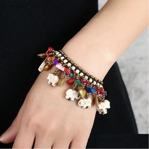 Braccialetti con ciondoli Stile bohemien Accessori in rame turchese Filo di cera Bracciale con elefante intrecciato Gioielli da spiaggia squisiti Consegna a goccia Ot2Uz