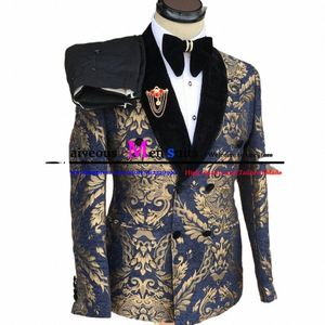Индивидуальный заказ Смокинги для жениха 2 шт. Роскошный золотой жаккардовый костюм для мужчин Двубортный свадебный костюм для мужчин Robe De Mariee B4hY #