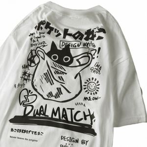 men Women Carto T-Shirts 2024 Summer Harajuku Kawaii Cat Printed Short Sleeve Tees Couple Streetwear Loose Clothes Y2K Tops J8H4#