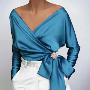 V Neck Sexy Women Satin Blus 2024 Bow Tie Chiffon Silk Shirt Långärmad kvinnor toppar Lace-up Lady Blues Elegant Blusas 19178 240315