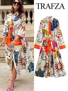 Trafza Women Summer Bohemian Dresses Printed Laceup Långärmning Single Breasted Female Loose Dress for Beach Party 240327