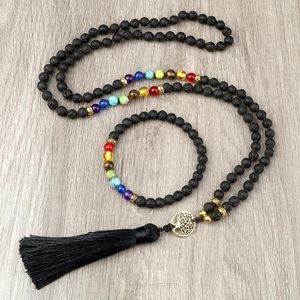 Halsband örhängen set 108 japamala pärlor 7 chakra naturliga sten träd handgjorda för kvinnor män smycken buddhist bön yoga armband