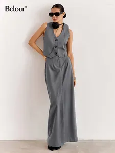 Work Dresses Bclout Elegant Gray Long Skirts Sets Women 2 Pieces Fashion Office Lady V-Neck Slim Tops Spring Solid Slit Straight Suits