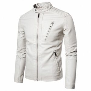 Jaqueta de couro de motocicleta masculina Fi Solid Stand Collar Outwear Tendência Casual Branco Preto Casaco à prova de vento Streetwear Jaquetas V44z #