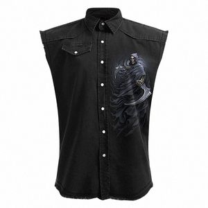 Blusa jeans masculina retrô 3D com caveira estampa gráfica camisa de manga com bolso decoração virada para baixo camisa de manga bumbum 085G #