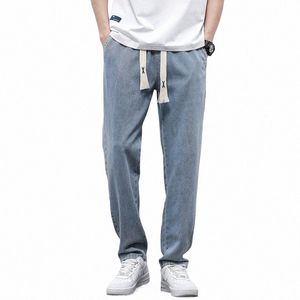 autumn Winter Men's Jeans Cott Soft Drawstring Straight Pants Elastic Waist Vintage Korea Casual Trousers Male Plus Size S-5XL O3OZ#