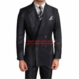 Abiti stile inglese Busin Uomo Regular Classic Nero Doppio petto Cappotto Pantaloni 2 pezzi Groomsmen Party Blazer Prom Smoking Y5Hb #