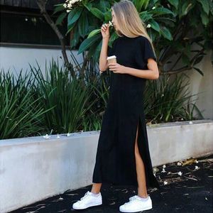 Summer Korean Style Midi Dres Casual Black Długie sukienki plus rozmiar krótkiego rękawu seksowna strona otwartą imprezę Maxi T Shirt Sukienka 240320