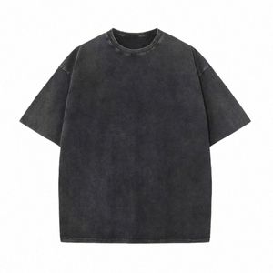 230GコットレトロTシャツドロップショルダースリーブメンズビンテージショートスリーブTシャツソリッドカラーヒップホップルーズティーE50K＃