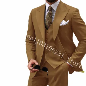 Khaki Wedding Men Suits Slim Fit 3 Pieces Brudgummen Tuxedos för formella promfest Male Suits Jacket Pants Vest Costume Homme 41dB#