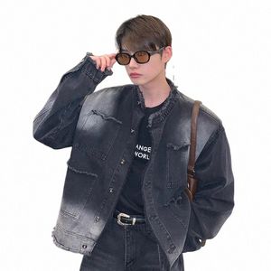 Distra W denimjackor Mens Harajuku Raw Edge Street Cowboy Coats Spring Autumn Woman Casual Retro Gradient Windbreak New K3nl#