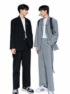 gmiixder giacca sportiva da uomo tendenza coreana bello high street casual 2 pezzi set Hg Kg stile bello dk pantaloni giacca uniforme d6ot #