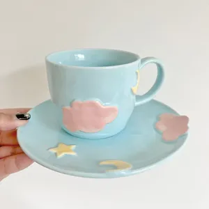 Cups Saucers Korean-style Niche Kawaii Girl Heart Mug Plate Stars And Clouds Underglaze Color Hand-painted Cup Set Coffee