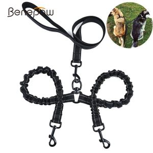 Trelas Benepaw Premium Bungee Double Dog Leash Reflexivo Heavy Duty Dual Pet Leash Acolchoado Handle Pequeno Médio Grande Cães