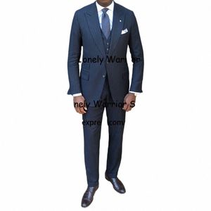 Abiti da uomo a righe blu scuro Busin Blazer Wedding Groom Tuxedo Slim Fit Daily 3 Piece Set Giacca Gilet Pantaloni Terno Masculino i8NQ #