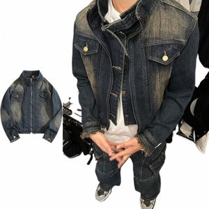 cropped Denim Jacket Men Women Wed Stand-up Collar Locomotive Cowboy Coat High Street Baggy Couples Casual Tops Spring Unisex E6Xp#