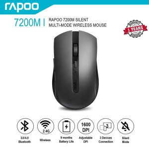 Mice Rapoo 7200M MultiMode Wireless Mouse Noiseless Bluetooth Mouse 1600DPI Bluetooth 3.0/4.0 RF 2.4GHz for Three Devices Connect