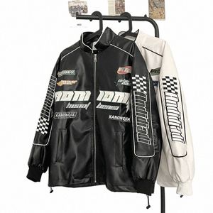 american Letter Embroidered Motorcycle Zippered Jacket Men's Spring and Autumn High Street Hip-hop Loose PU Leather Racing Coat 70Po#