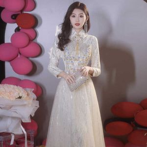 New Chinese Style Evening Dress for Women Light Luxury High-end Sense Host Banquet Temperament Socialite Dinner Annual Meeting Winter Long Sleeved