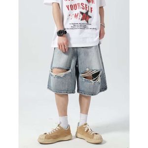 Street Ruffian, Handsome, Distressed Denim Shorts, Men's Summer Trendy Brand Explosive Street Loose Straight Leg Large Shorts, Five Point Shorts