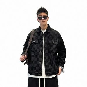 デニムジャケットマン広い肩の秋のジーンズコート黒い格子縞Fi韓国人気服2023年Y2K X8WG＃