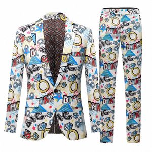 Novos homens Fi Suit Party Coat Casual Slim Fit Blazer Butts Suit 3D Floral Print Pintura Blazers Jaqueta Homens Azul 2 PCS f0Ej #