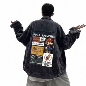 Märken Hip Hop Denim Jacket Men Streetwear Spring Autumn Jacket Casual Print Trench Coat Retro Korean Fi H94G#