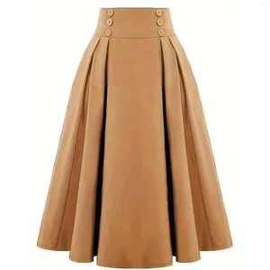 Skirts Summer Autumn Solid Color Tunic Midi 50s 60s Swing A-Line High Waist Vintage Pin Up Rockabilly Women Skirt