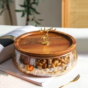 Werkzeuge Europäische Transparente Glas Holz Abdeckung Obst Tablett Salat Schüssel Süßigkeiten Dessert Lagerung Tablett Kaffee Tisch Desktop Dekoration