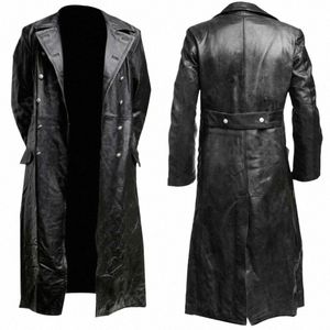 2023 Mäns tyska klassiker WW2 Militär Uniform Officer Black Real Leather Trench Coat P12d#